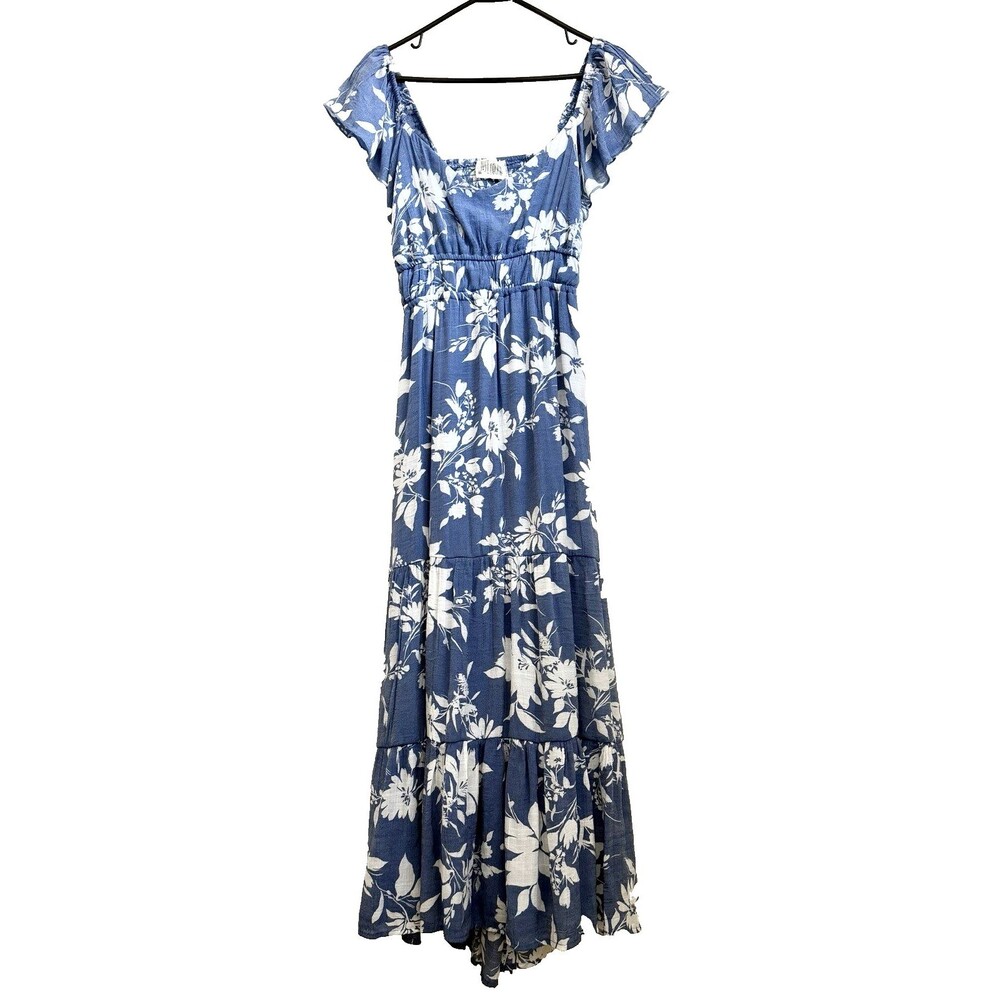 Just Found Light Blue and White Floral Maxi Dress Tiered Ruffle M Milkmaid
